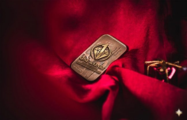 A cinematic, close-up shot of a physical gold bullion bar resting on a rich, draped red velvet fabric. The surface of the gold bar is intricately embossed with the One & Only brand logo, featuring a central diamond icon and the numeral "1" inside a circular frame. Below the logo, the text "ONE & ONLY" and the website "oneandonly.co.za" are finely engraved into the metal. The lighting is warm and dramatic, highlighting the metallic texture of the gold against the deep shadows of the red velvet.