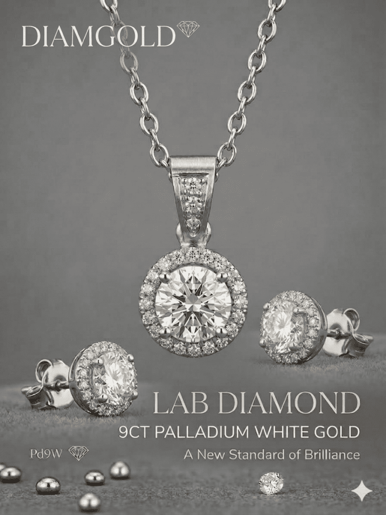 Lab diamond, 1.1ct VS1 diamond, E color diamond, natural diamond halo, 9ct palladium white gold, white gold jewelry set, sustainable luxury, ethical fine jewelry, luxury pendant and earrings, Diamgold collection, high-clarity diamonds, bespoke jewelry, colorless diamonds, lab-grown vs natural diamond hybrid,