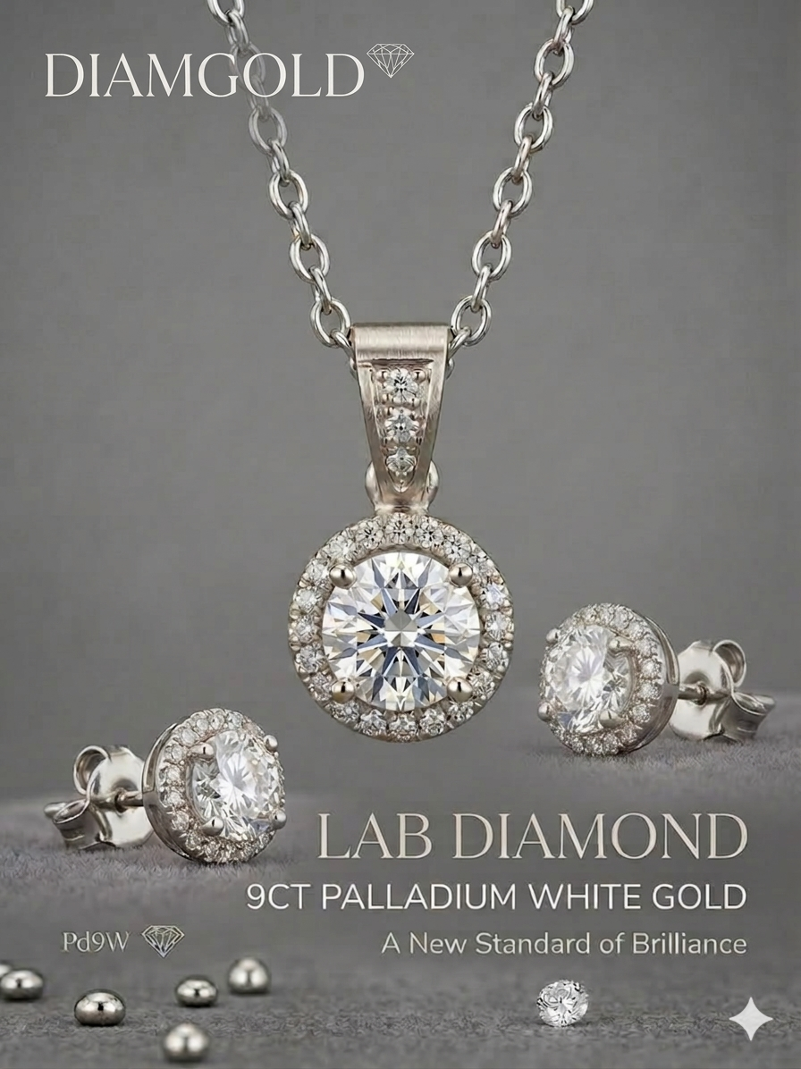 A luxury jewelry set featuring a round halo pendant necklace and matching stud earrings. The center stones are large brilliant-cut lab diamonds surrounded by a halo of smaller natural diamonds, set in 9ct palladium white gold. The Diamgold logo is in the top left corner.